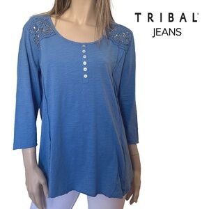 Tribal Jeans Top Blouse Tunic100% Cotton Embroidered Lace Iridescent Buttons